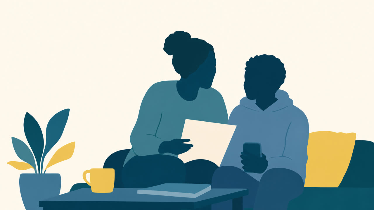 Simple silhouettes of a parent or carer and young person looking at study information together