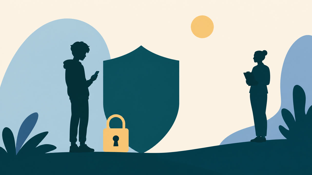Simple silhouettes showing a young person controlling how data is protected and shared for research