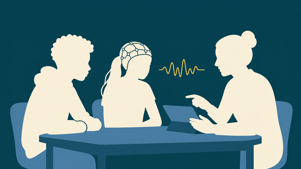 Simple silhouettes of a young person wearing an EEG headset and a researcher during a workshop
